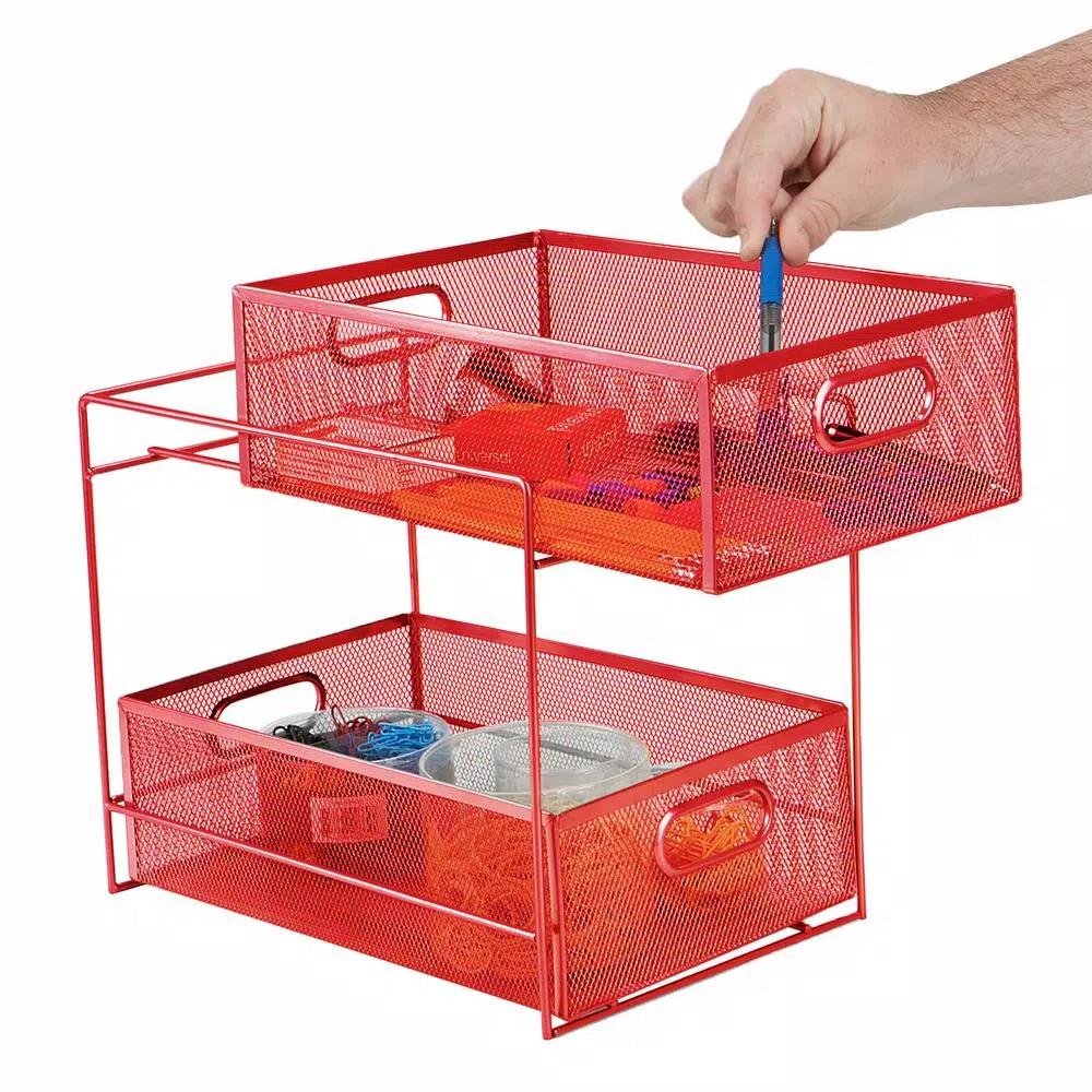 MIND READER 2-Tier Red Metal Mesh Utensil Caddy & Flatware Organizer