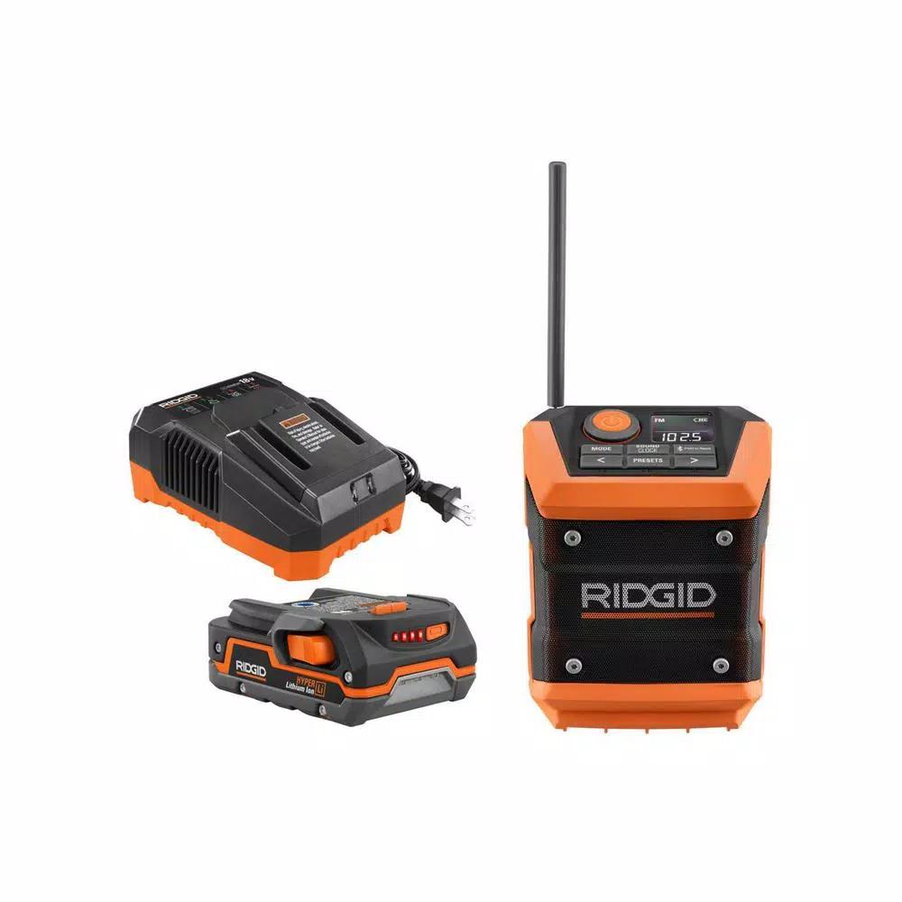 RIDGID 18V Cordless Compact Bluetooth Radio with Radio App, 1.5 Ah Battery & Charger Kit