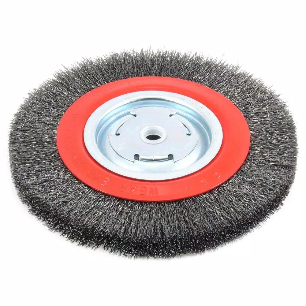 Forney 8 in. Wide Face Crimped Wire Bench Wheel Brush, 1/2 in. and 5/8 in. Arbor