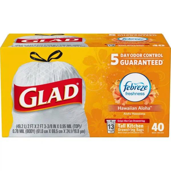 Glad 13 Gallon Tall Kitchen Drawstring Trash Bags, Febreze Hawaiian Aloha Odor Shield, 40-Count
