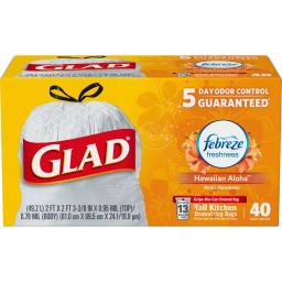 Glad 13 Gallon Tall Kitchen Drawstring Trash Bags, Febreze Hawaiian Aloha Odor Shield, 40-Count thumbnail 1