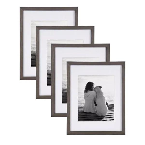 DesignOvation Gallery Wood Photo Frame Set, 4-Pack, Gray, 11x14 matted to 8x10