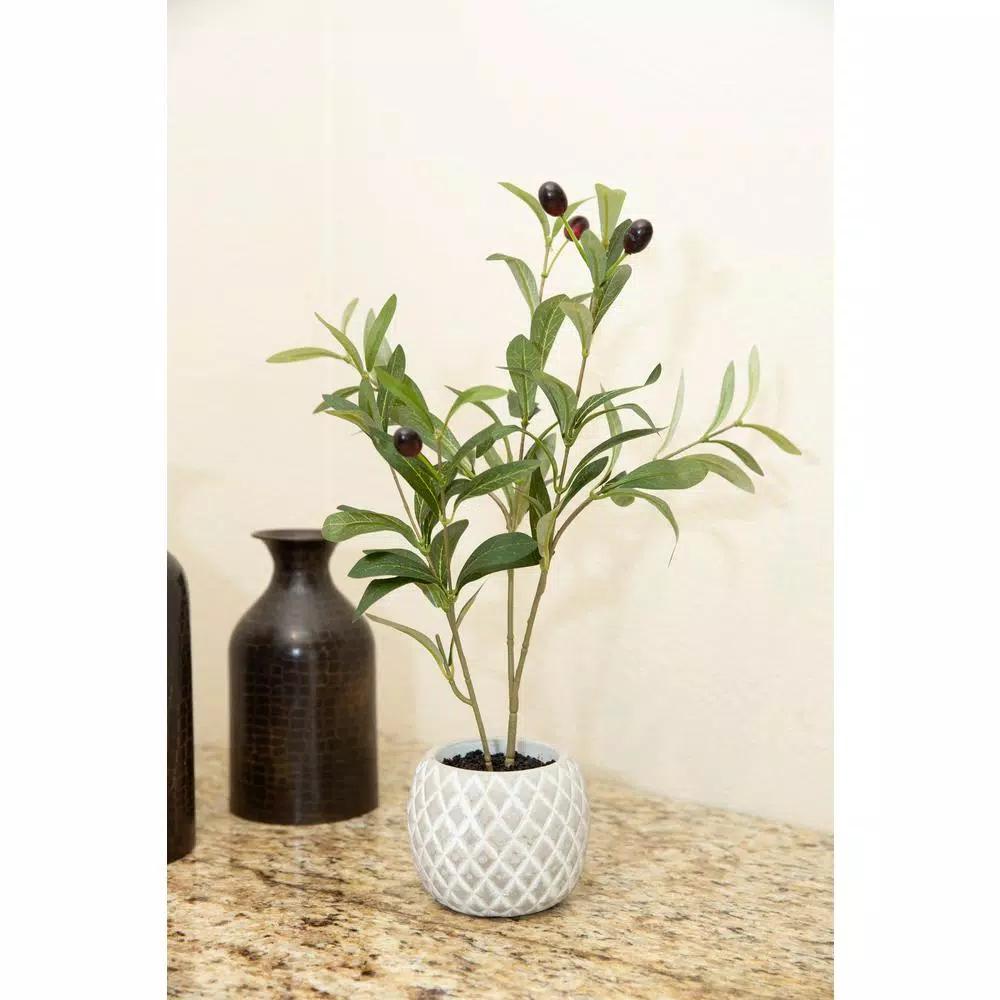 Flora Bunda 14 in. Faux Olive Branch in White Pineapple Pattern Cement Pot