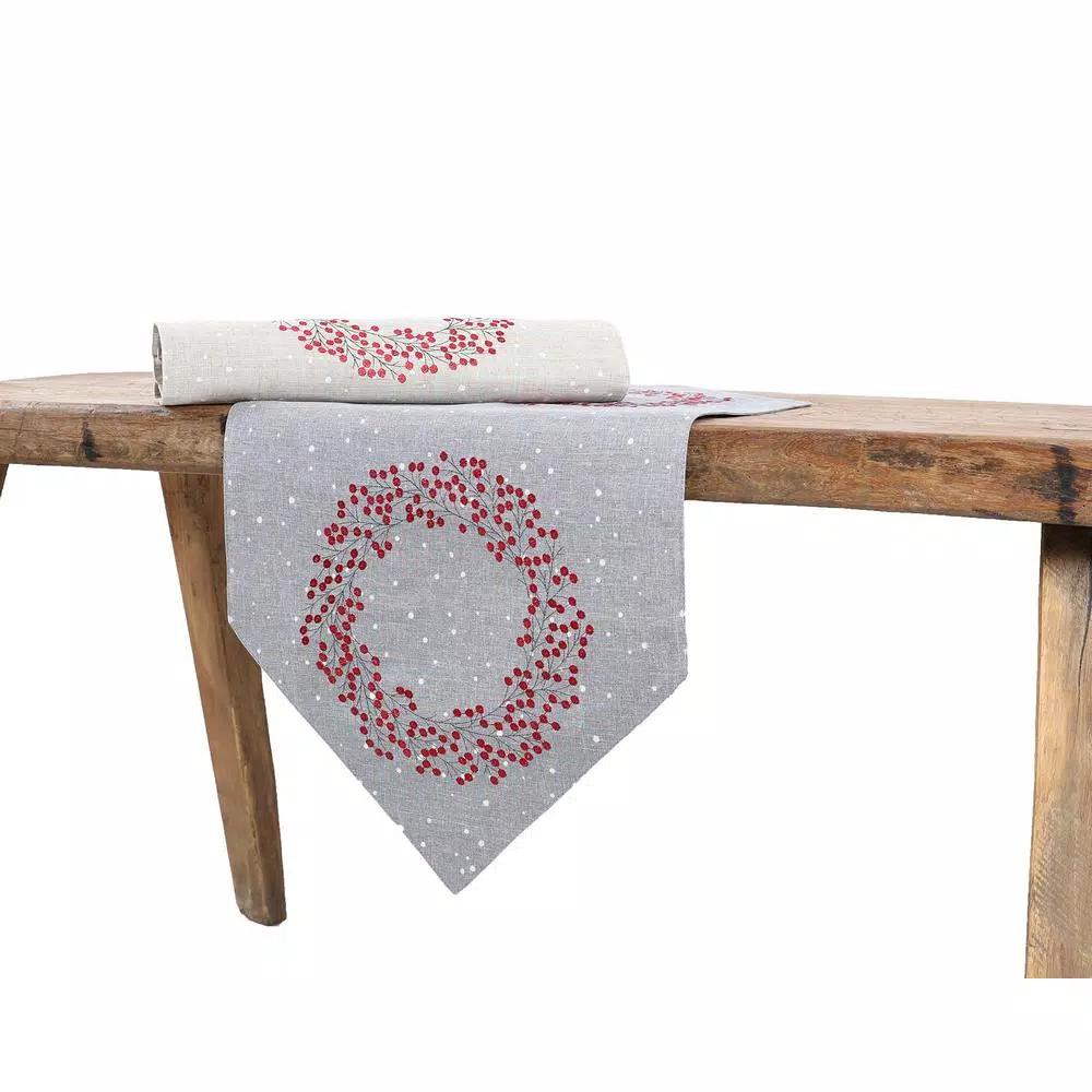 Manor Luxe Xia Home Fashions 16 x 36 in. Holly Berry Wreath Embroidered Christmas Table Runner, Gray