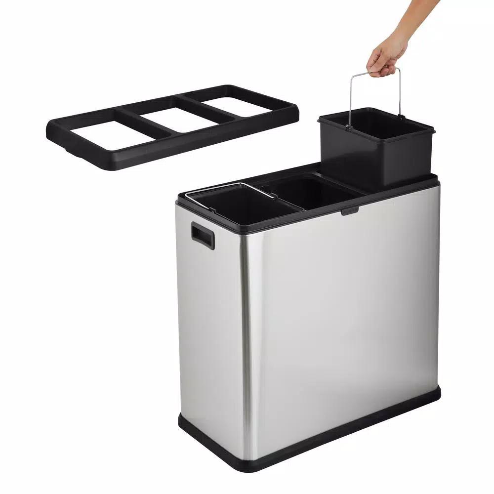 Step N' Sort 16 Gal. Stainless Steel 3-Compartment Open Top Trash and Recycling Bin with Removable Bins