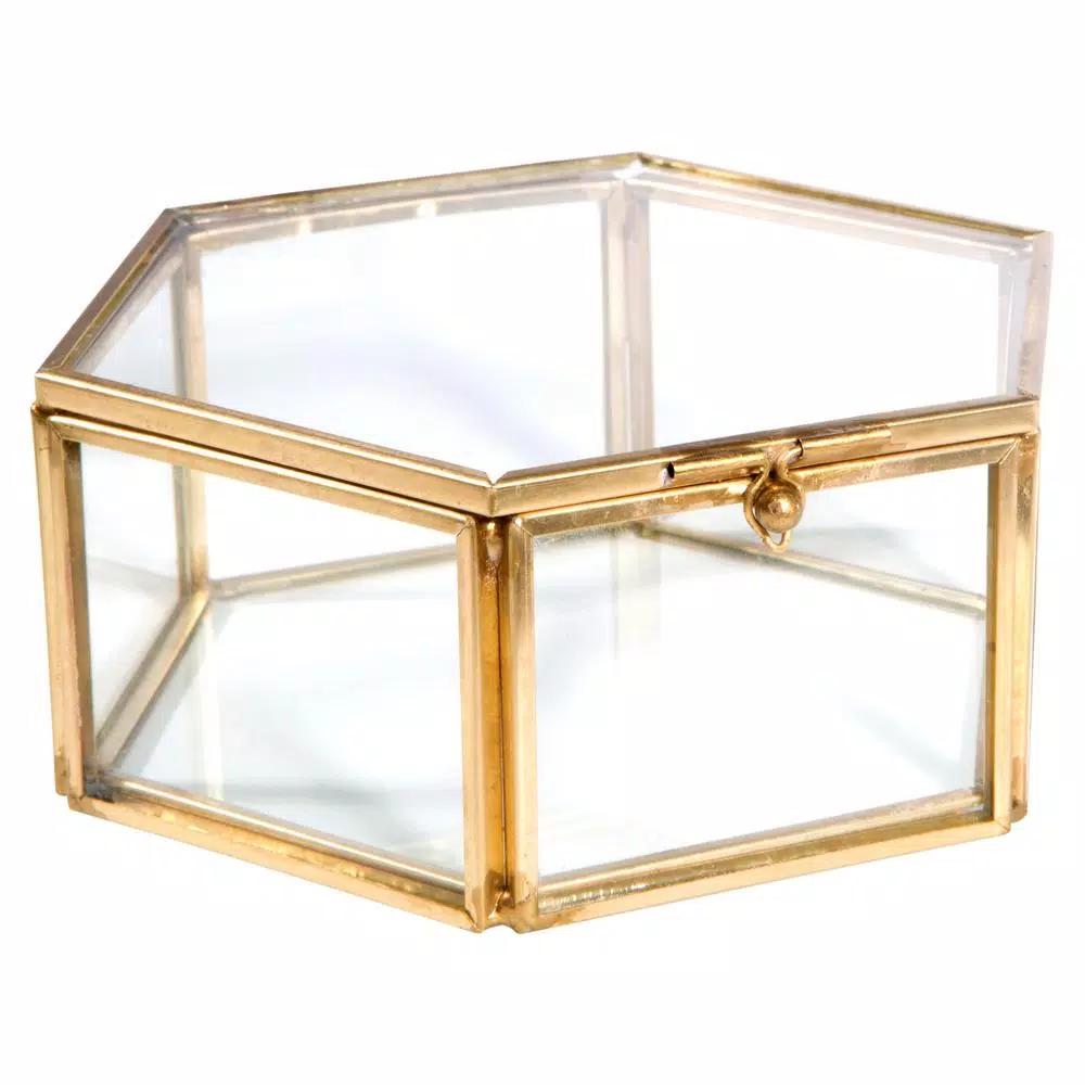 Home Details Vintage Gold Hexagon Glass Keepsake Box