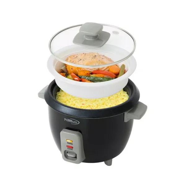 PREMIUM 6-Cup Black Rice Cooker and Steamer with Non-Stick Pot and Tempered Glass Lid