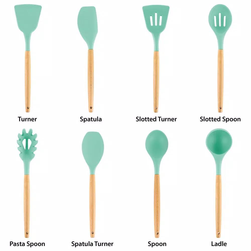 MegaChef 9-Piece Mint Green Silicone and Wood Kitchen Utensil Set with Ceramic Holder