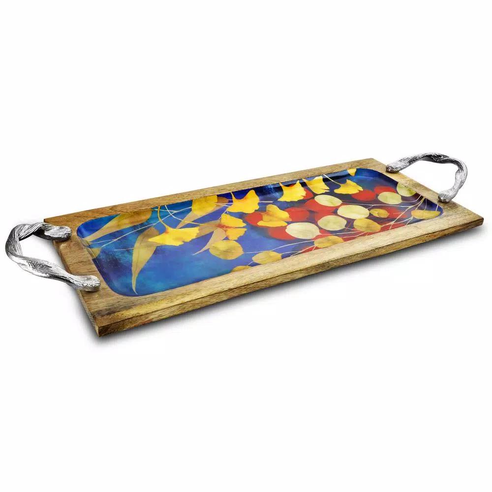 Gibson Elite Philomena Mango Wood Enamel Serving Tray with Watercolor Leaf Design