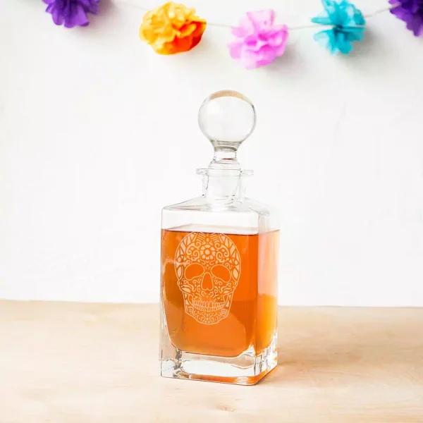 Cathy's Concepts 10 in. Sugar Skull 32 oz. Square Whiskey Decanter with Glass Domed Topper