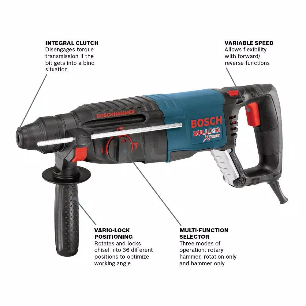 Bosch Bulldog Xtreme 8A Corded 1 in. SDS-Plus Rotary Hammer Kit with 7-Piece Carbide-Tipped Bit Set and Case