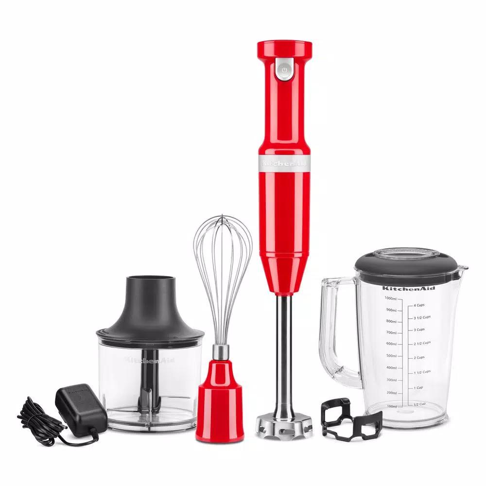 KitchenAid Cordless Variable Speed Hand Blender with Chopper and Whisk Attachments, Passion Red