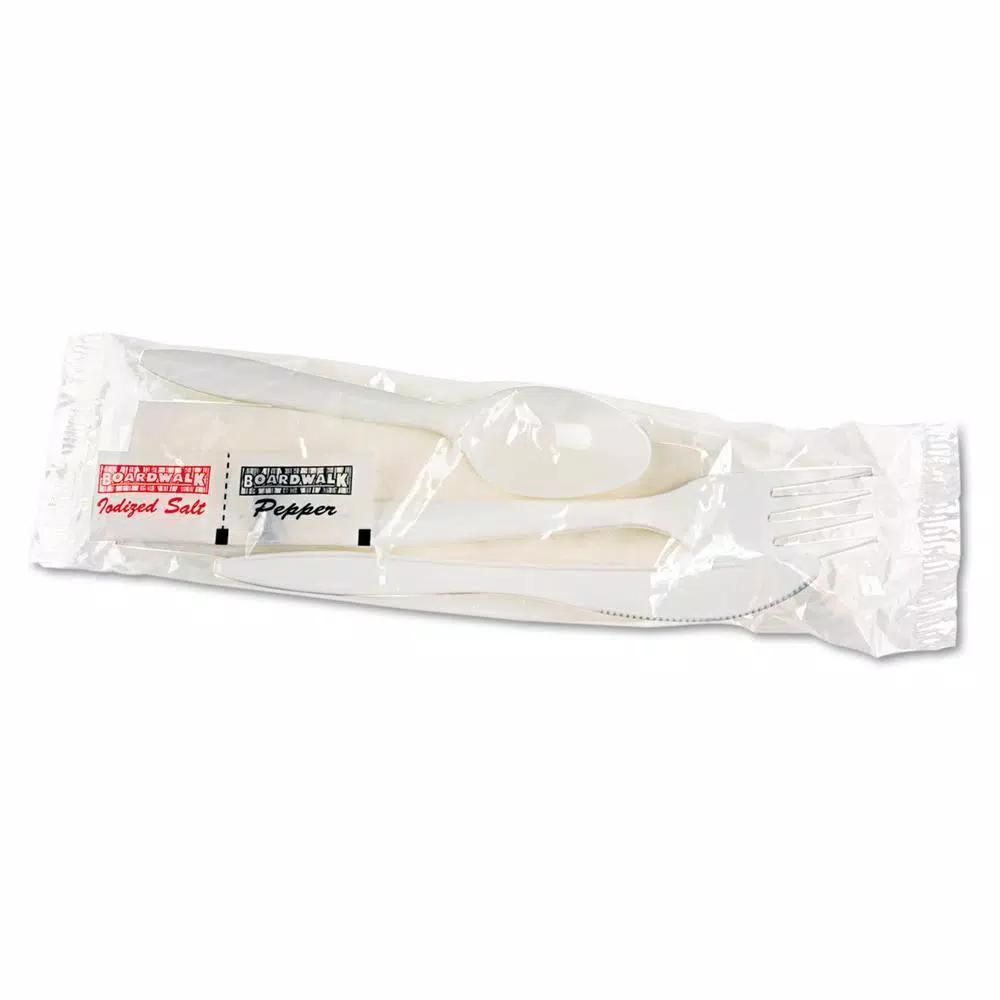 GEN White Wrapped Cutlery Kit with Napkin, Salt & Pepper - 250 Count Case