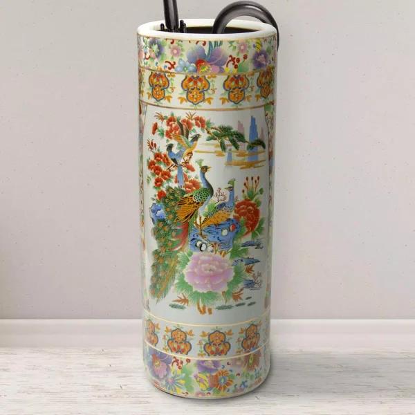 Unbranded Oriental Furniture 24 in. White Satsuma Porcelain Umbrella Stand & Floor Vase with Peacock Design