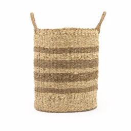 Zentique Handmade Woven Seagrass and Palm Leaf Wicker Basket with Handles, Medium, Beige and Brown Striped thumbnail 2