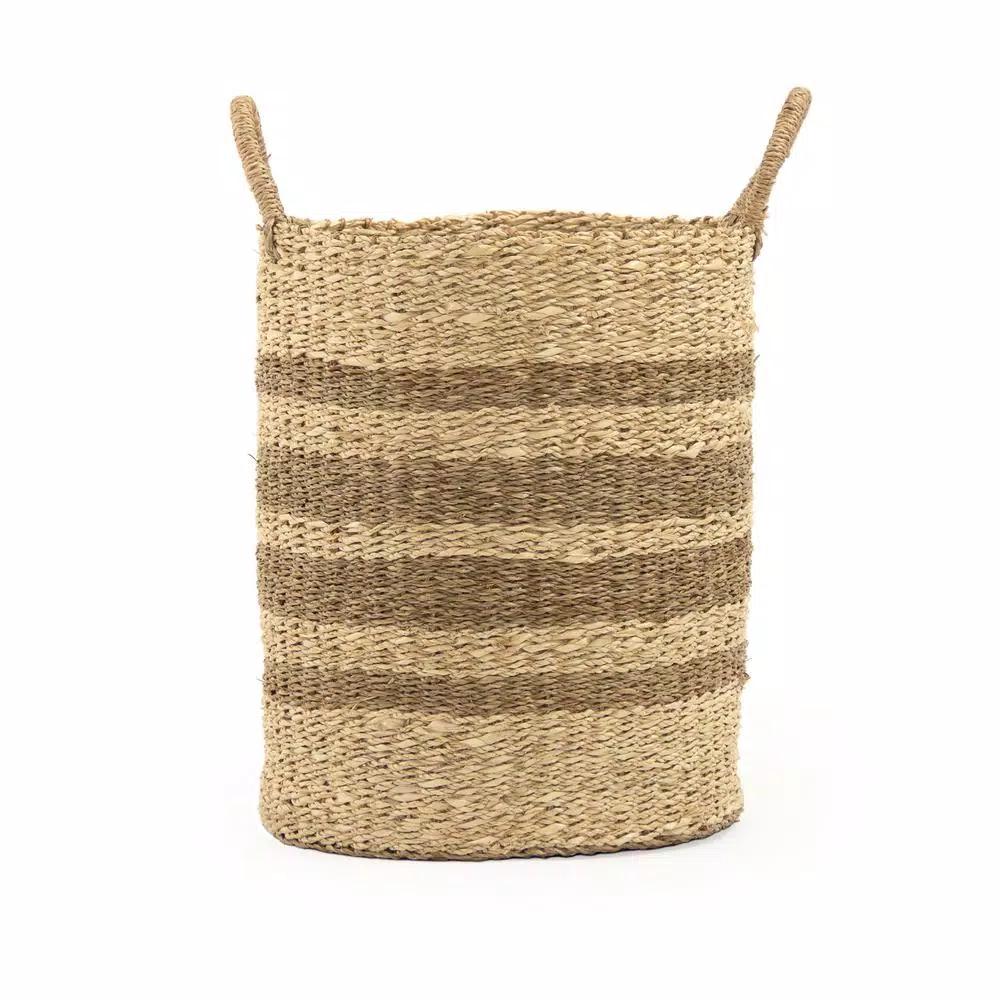 Zentique Handmade Woven Seagrass and Palm Leaf Wicker Basket with Handles, Medium, Beige and Brown Striped