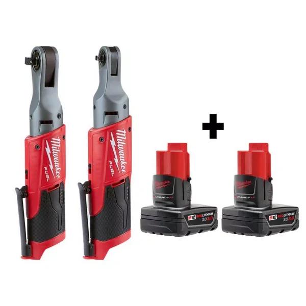 Milwaukee M12 FUEL 12V Cordless Ratchet Kit with 3/8 in. & 1/4 in. Ratchets and Two 3.0 Ah Batteries