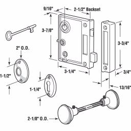 Prime-Line Antique Style Vertical Trim Lock Set, Brass Plated Cast Steel Knobs, 2-1/2 in. Backset thumbnail 2