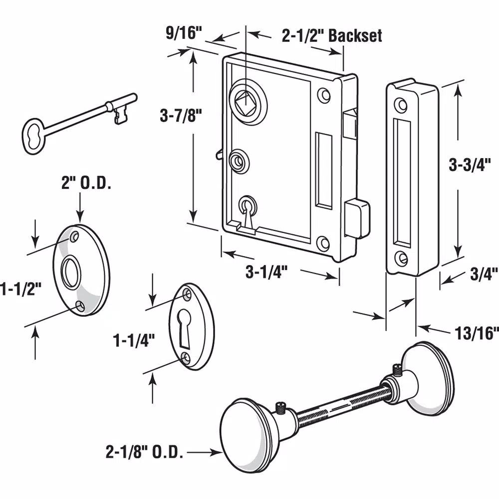 Prime-Line Antique Style Vertical Trim Lock Set, Brass Plated Cast Steel Knobs, 2-1/2 in. Backset