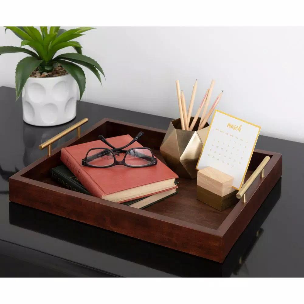 Kate and Laurel Lipton 16 in. x 12 in. Walnut Brown Decorative Wood Tray with Gold Metal Handles