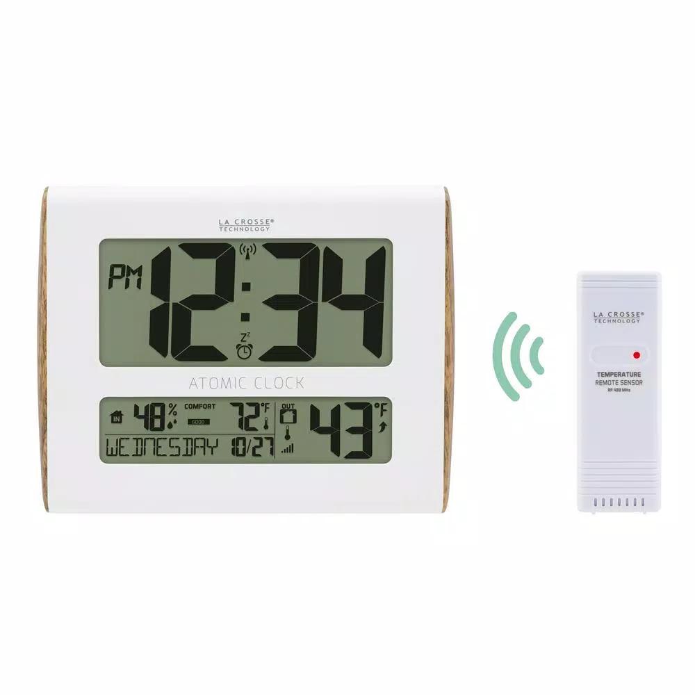 La Crosse Technology Digital Atomic Faux Wood Sided Wall Clock with Indoor/Outdoor Temperature and Humidity