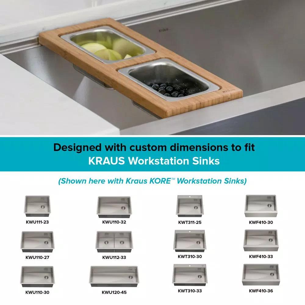 Kraus Workstation Kitchen Sink Bamboo Serving Board Set with 2 Stainless Steel Prep Bowls