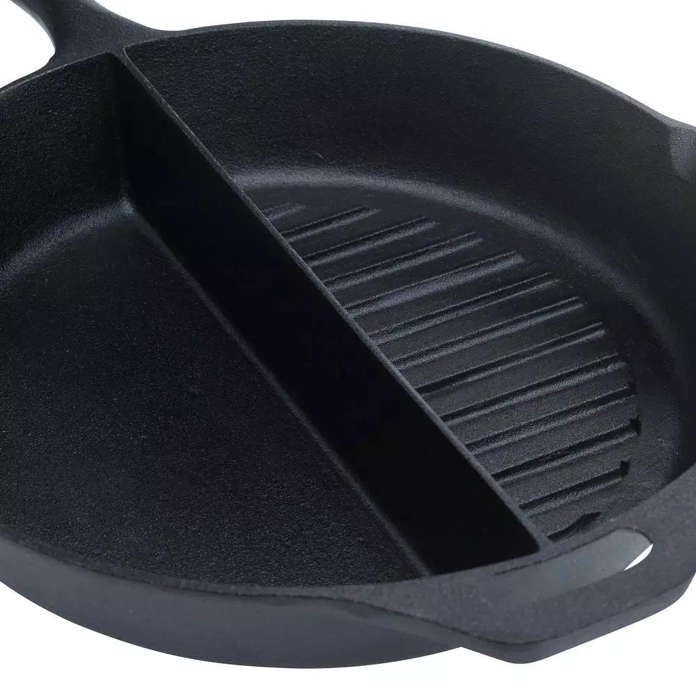 Basic Essentials 13.5 in. Cast Iron Round 2-Section Pre-Seasoned Grill/Griddle with Assist Handle