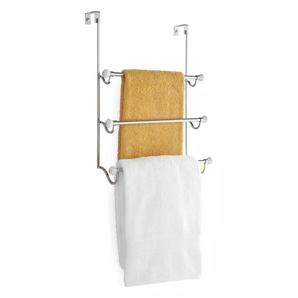 interDesign York Over Shower Door Towel Rack, 3-Bar Stainless Steel Organizer in White and Chrome