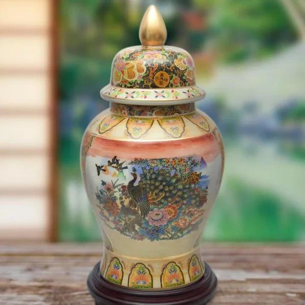 Unbranded Oriental Furniture 18 in. Rose Medallion Satsuma Peacock Porcelain Temple Jar