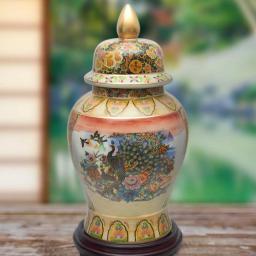 Unbranded Oriental Furniture 18 in. Rose Medallion Satsuma Peacock Porcelain Temple Jar thumbnail 1