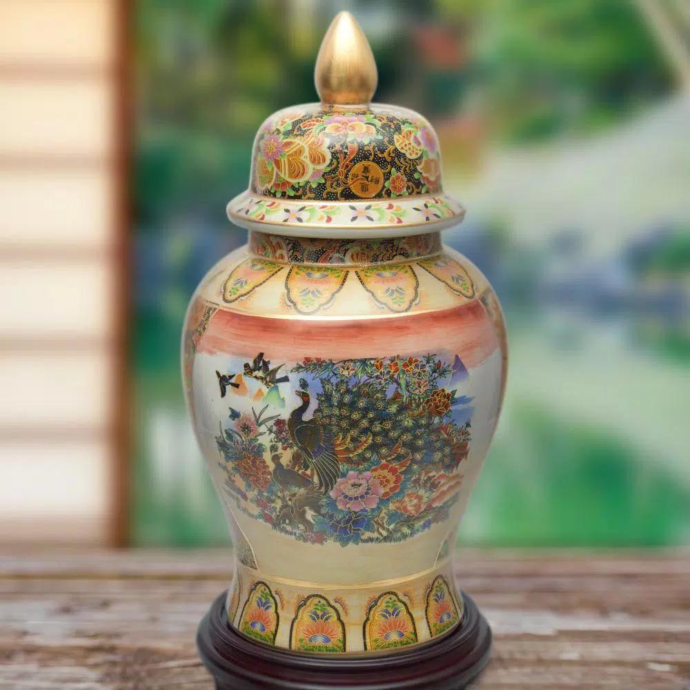 Unbranded Oriental Furniture 18 in. Rose Medallion Satsuma Peacock Porcelain Temple Jar