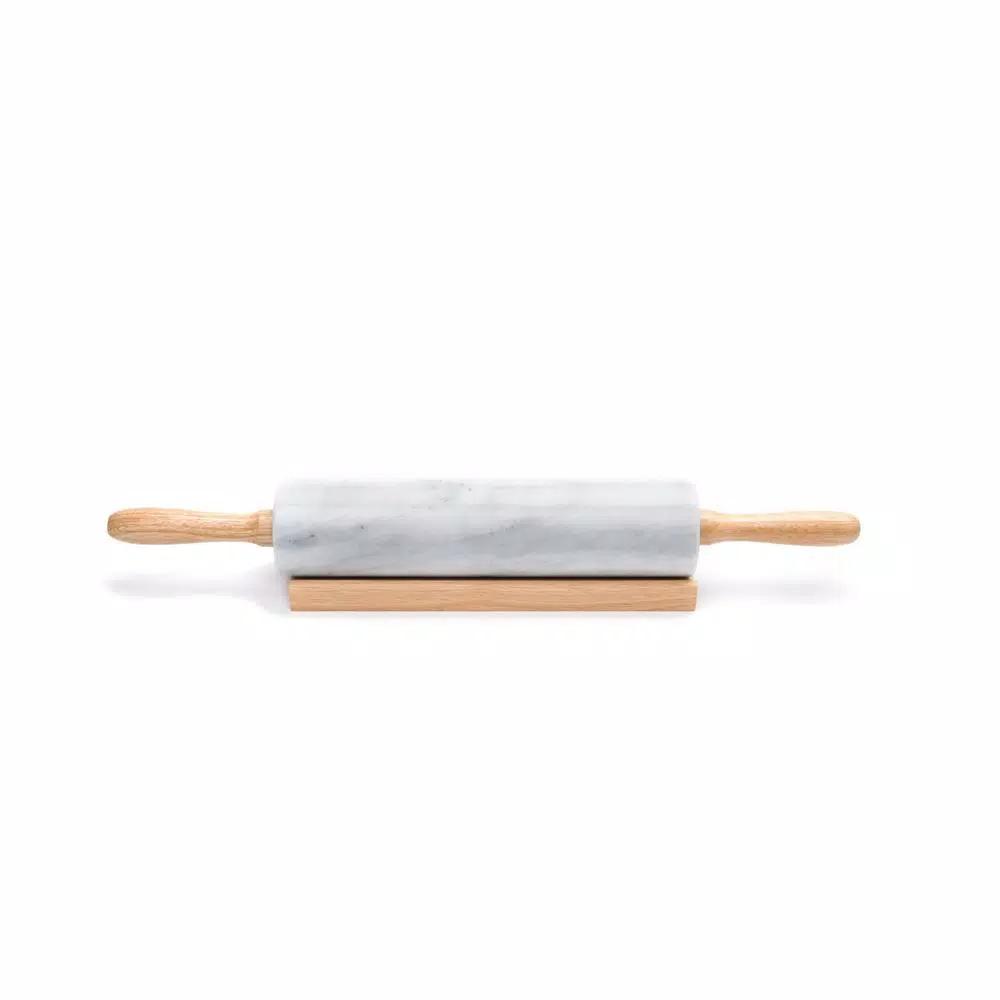 Fox Run White Marble Rolling Pin with Wooden Handles and Base