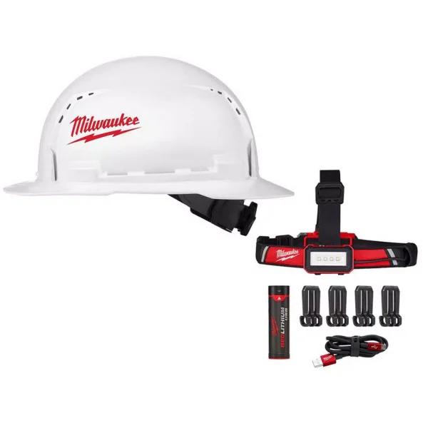 Milwaukee 600 Lumen USB Rechargeable Low-Profile LED Headlamp with BOLT White Type 1 Class C Hard Hat Bundle