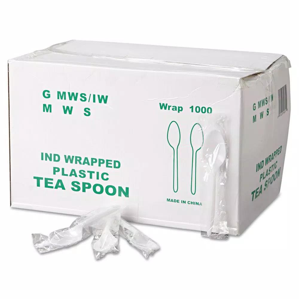 GEN White Plastic Wrapped Teaspoons, Mediumweight (1000 Count Case)