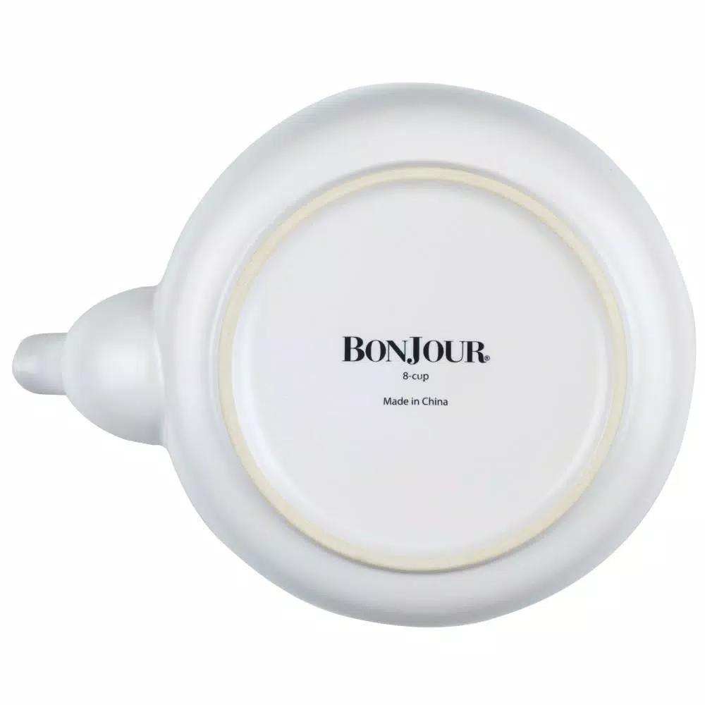 BonJour Wayfarer 4-Cup Matte White Ceramic Teapot with Stainless Steel Infuser and Teak Wood Accents