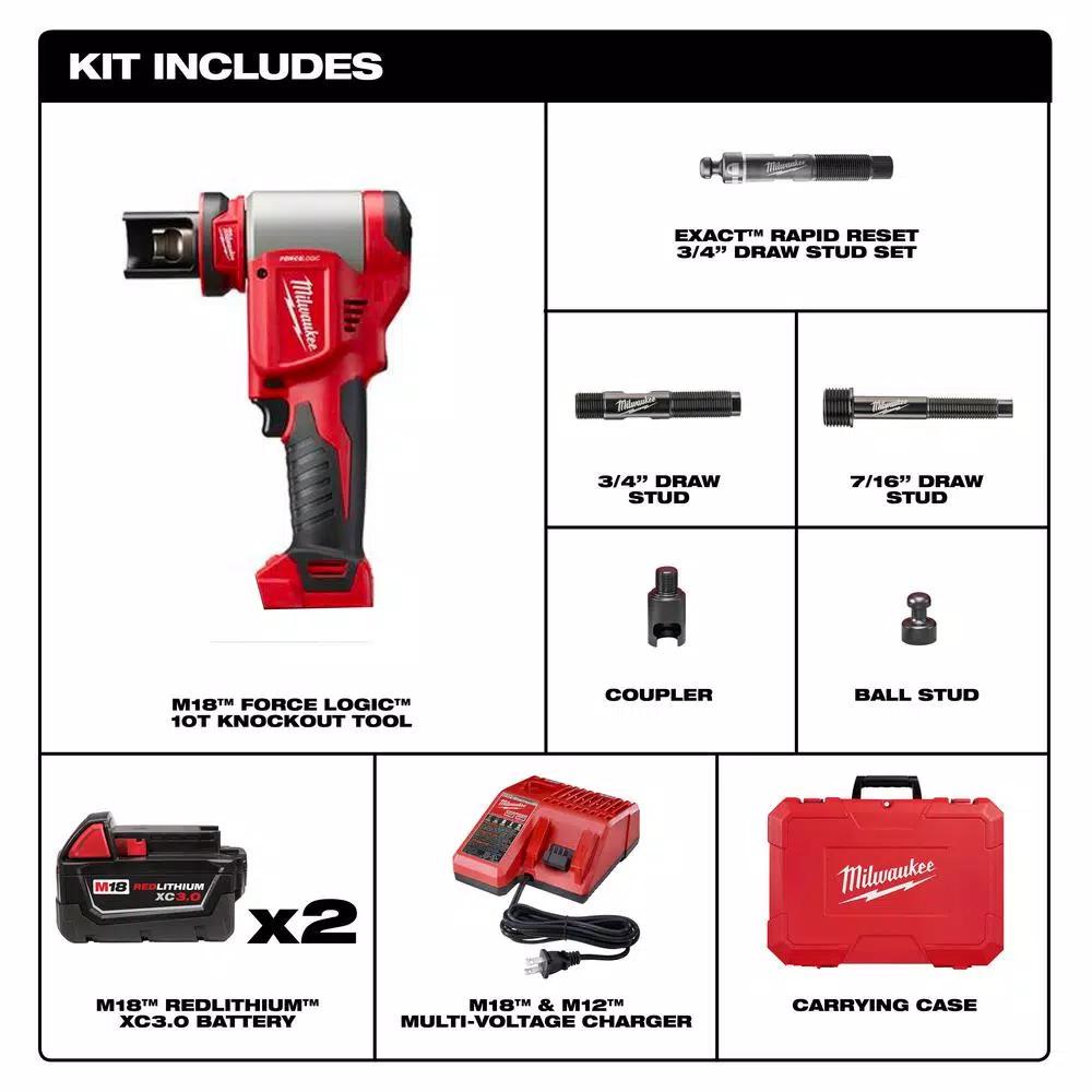 Milwaukee M18 FORCE LOGIC 10 Ton Cordless Knockout Kit with (2) 3.0Ah Batteries & Charger
