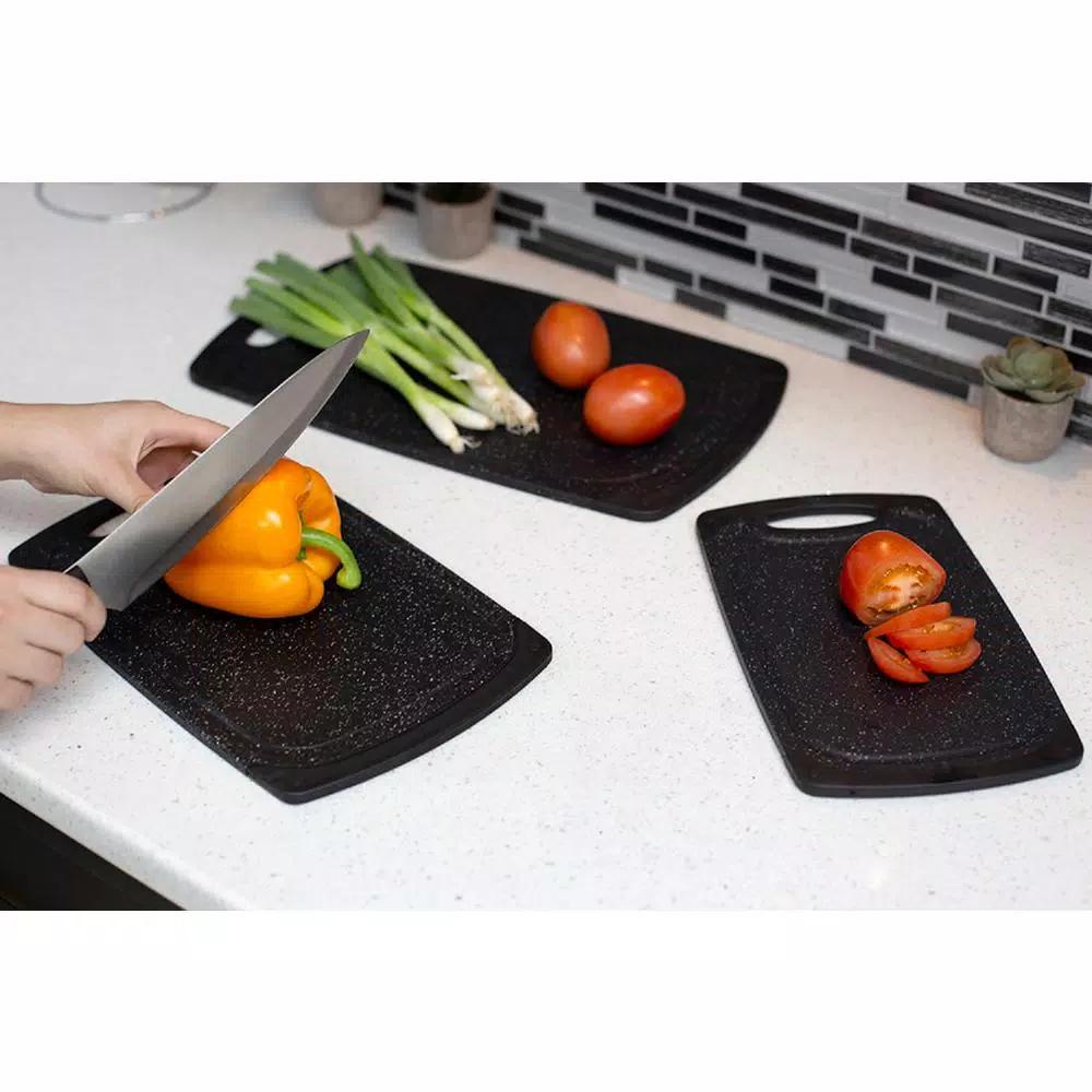 Unbranded 3-Piece Granite Look Plastic Cutting Board Set with Non-Slip Rubber Sides and Deep Juice Grooves, Black