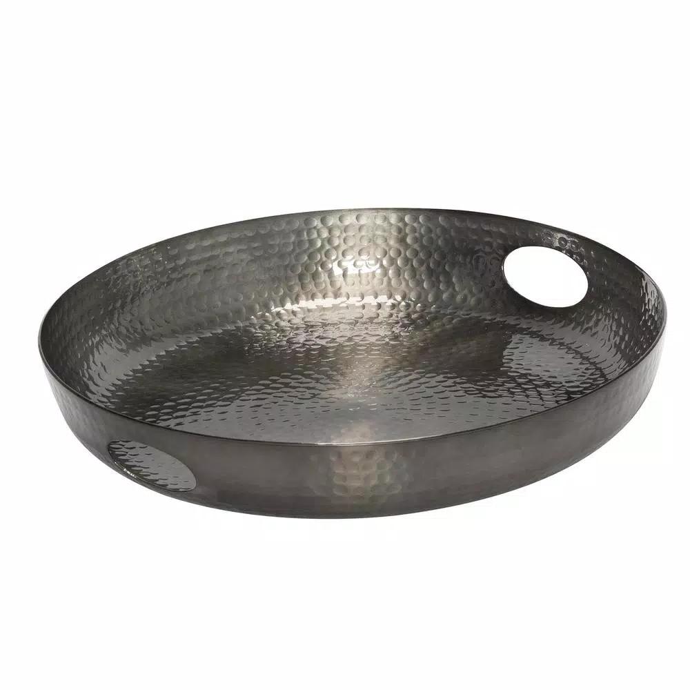 Honey-Can-Do Black Glossy Hammered Aluminum 16 in. Round Serving Tray with Handles