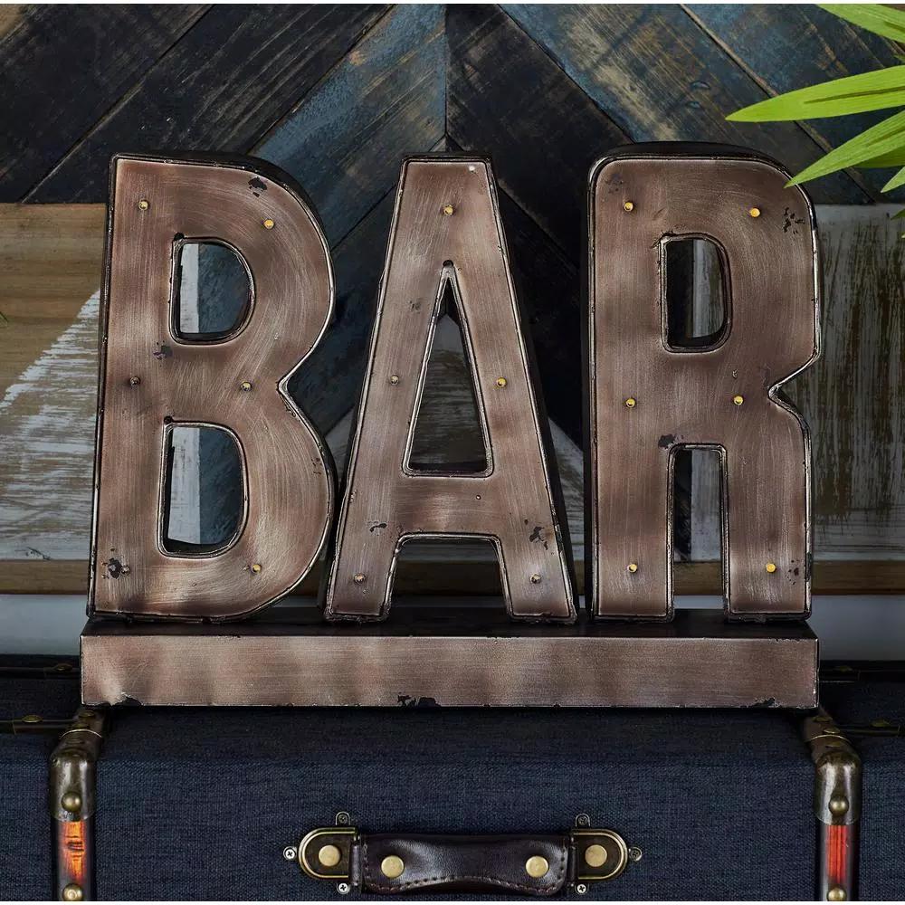 LITTON LANE Gray Bar Marquee LED Lighted Sign - Industrial Gunmetal Gray Metal Tabletop Decor