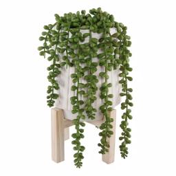 Flora Bunda 10 in. Faux Donkey Tail Succulent in White Ceramic Planter with Wood Stand thumbnail 1