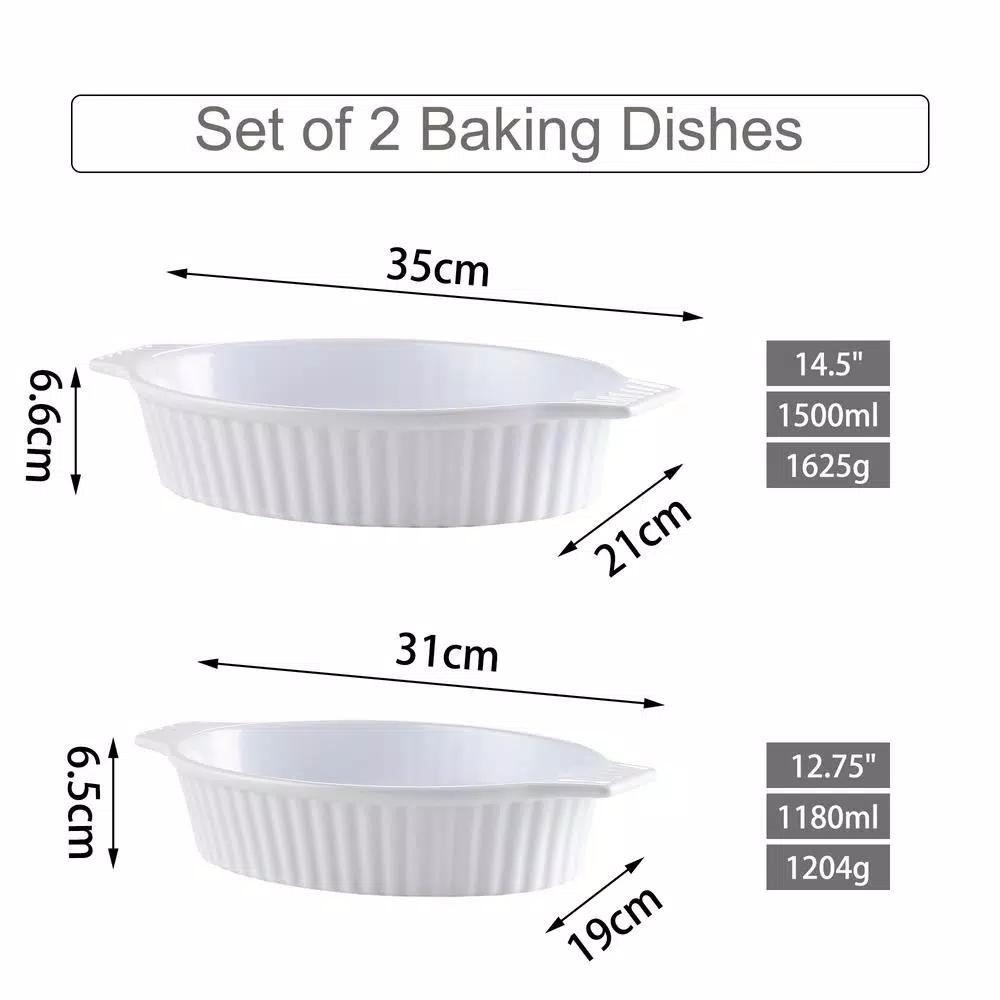 MALACASA 2-Piece White Oval Porcelain Bakeware Set, 12.75 in. and 14.5 in. Ceramic Baking Dishes