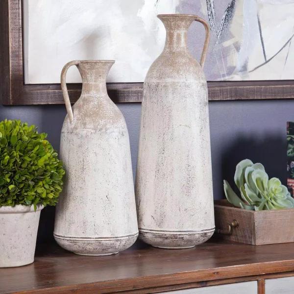 Winsome House 2-Piece White Metal Roma Pitcher Vase Set - Distressed Shabby Chic Urn Style