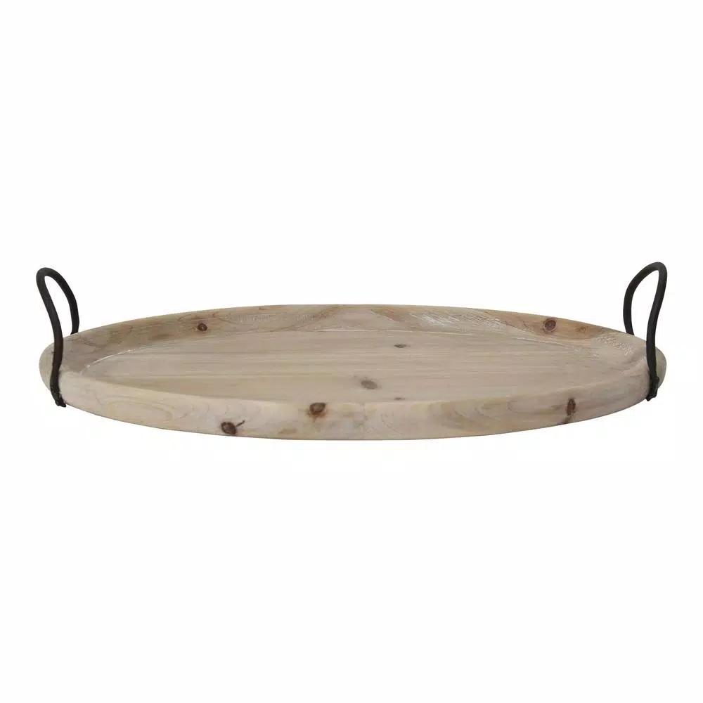 Stratton Home Decor Natural Wood Oval Tray with Black Metal Handles
