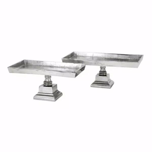 IMAX Alston Rectangle Aluminum Pedestal Trays, Distressed Silver Finish (Set of 2)