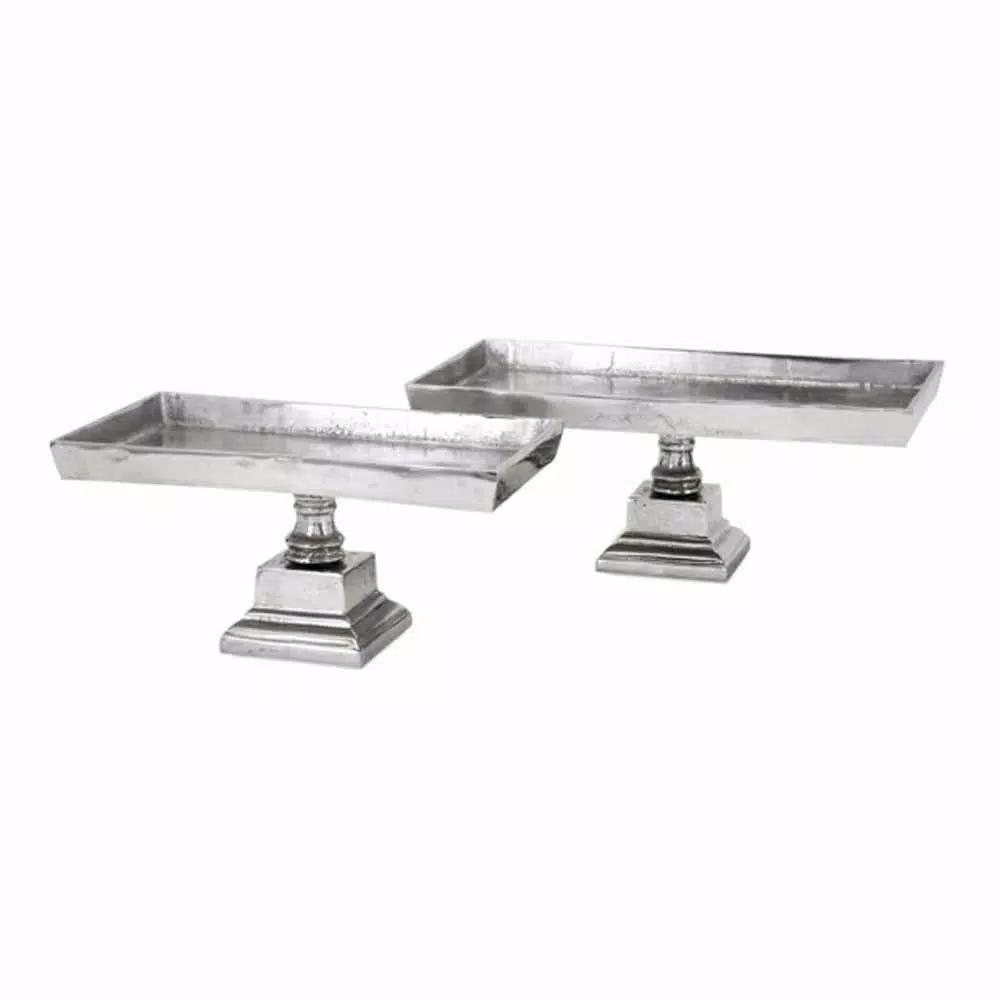 IMAX Alston Rectangle Aluminum Pedestal Trays, Distressed Silver Finish (Set of 2)