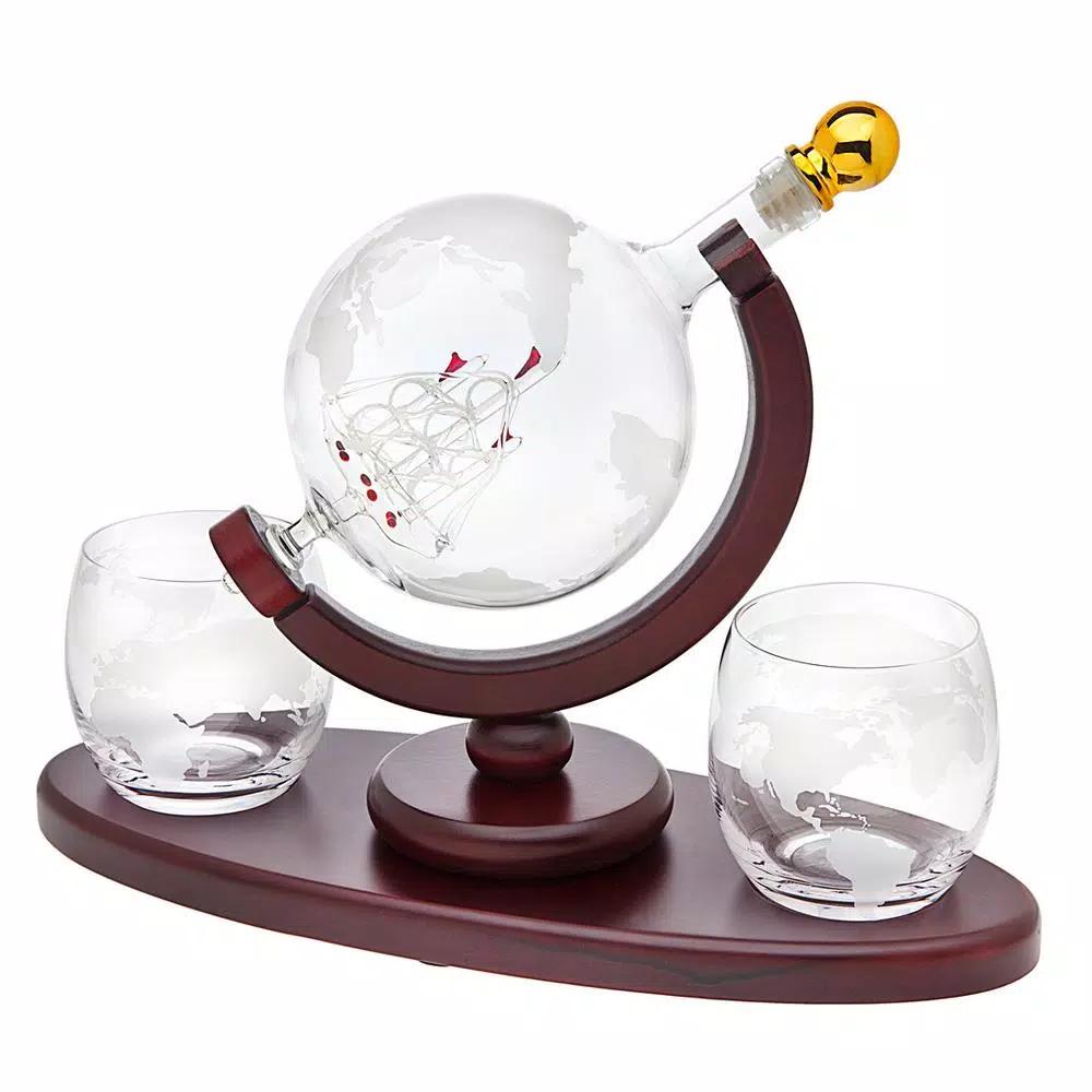 Godinger Globe Crystal Whiskey Decanter and 2-Piece DOF Glass Set with Mahogany Stained Tray