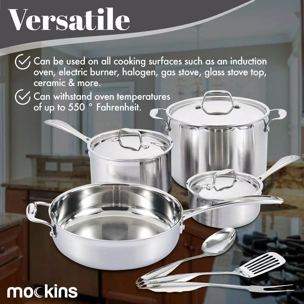 Mockins 10-Piece Tri-Ply Stainless Steel Cookware Set with Lids and Utensils