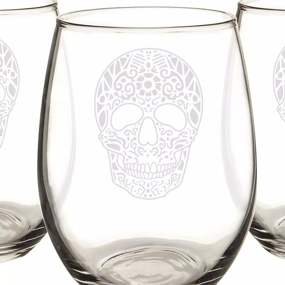 Cathy's Concepts Sugar Skull 21 oz. Stemless Wine Glasses, Set of 4, Clear Glass