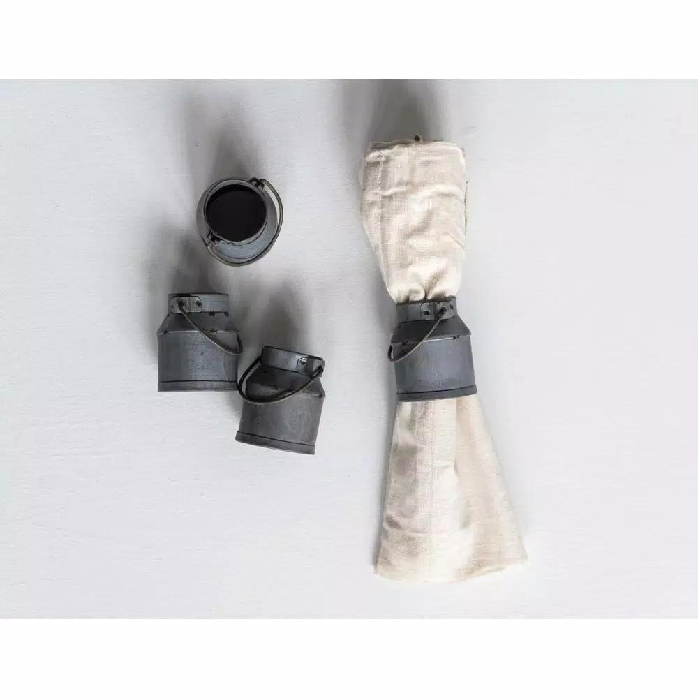 3R Studios Silver Galvanized Metal Vintage Milk Can Shaped Napkin Rings, Set of 4