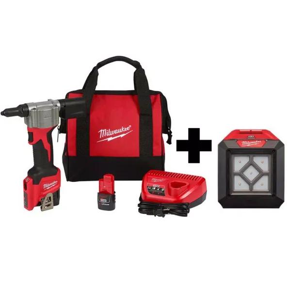 Milwaukee M12 12V Cordless Rivet Tool Kit with (2) 1.5Ah Batteries, Charger & 1000 Lumen Rover Flood Light